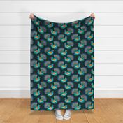 Colorful turkeys on dark teal | large