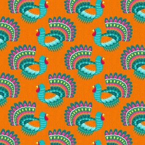 Colorful turkeys on tangerine | medium