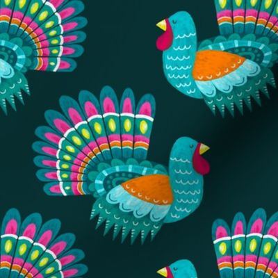 Colorful turkeys on deep pine green | medium