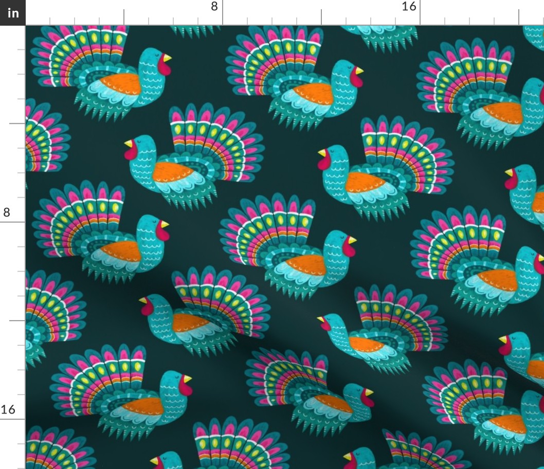 Colorful turkeys on deep pine green | medium