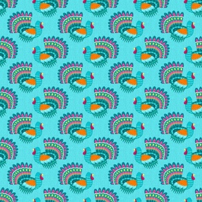 Colorful turkeys on turquoise | small