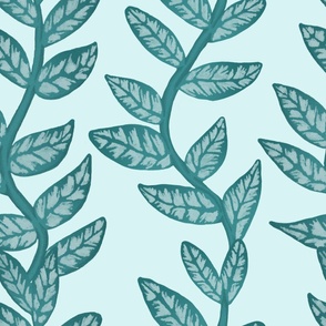 Climbing teal leaves and vines large pattern