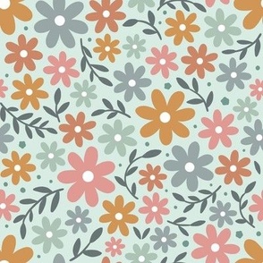 Busy floral - daisy flowers in blue, pink and orange - medium scale