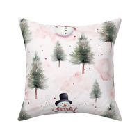 Watercolor Snowman and Christmas Tree on Pink