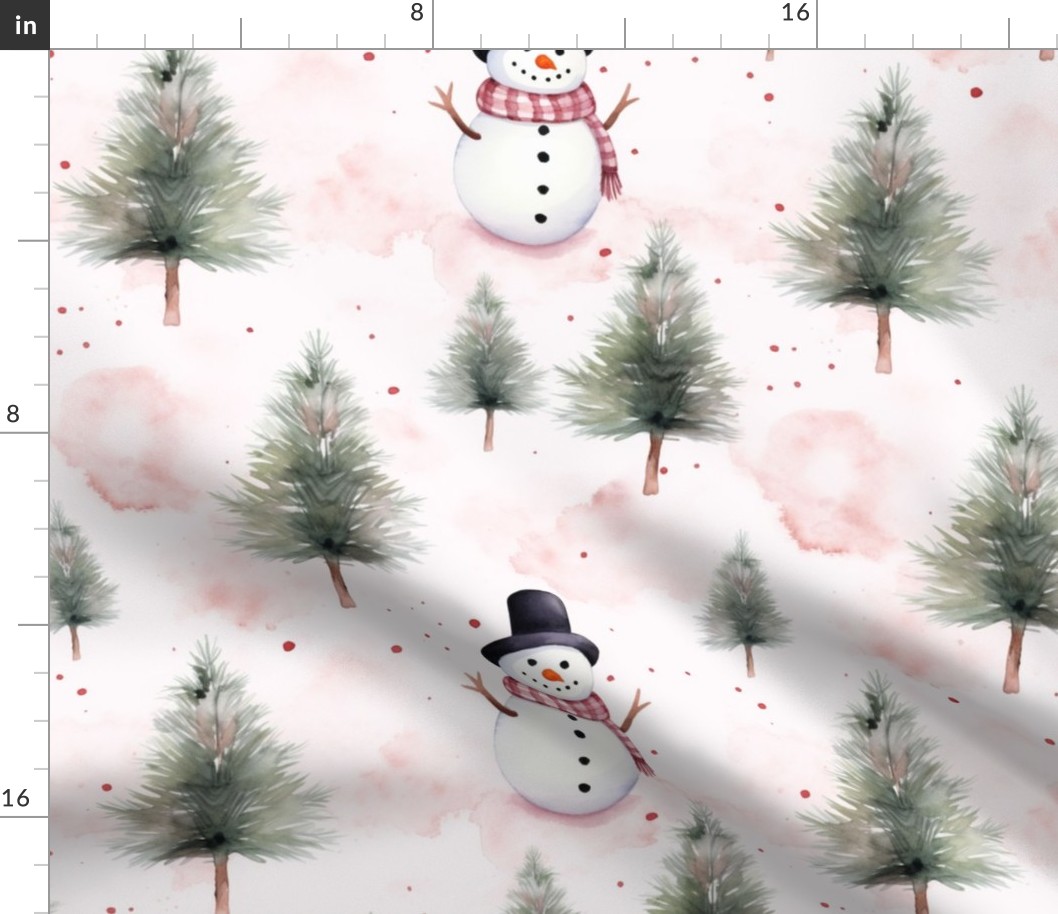Watercolor Snowman and Christmas Tree on Pink