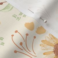 Hand Drawn Sunflower Fabric in Bright Warm Yellow and Cream