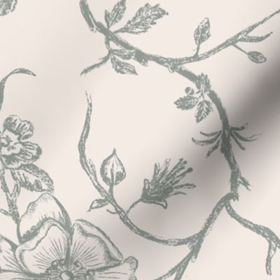 French Country Vintage Birds and Roses_halcyon green
