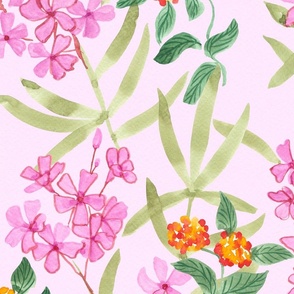 (large) Watercolor Oleander and Lantana Shrub - Pink