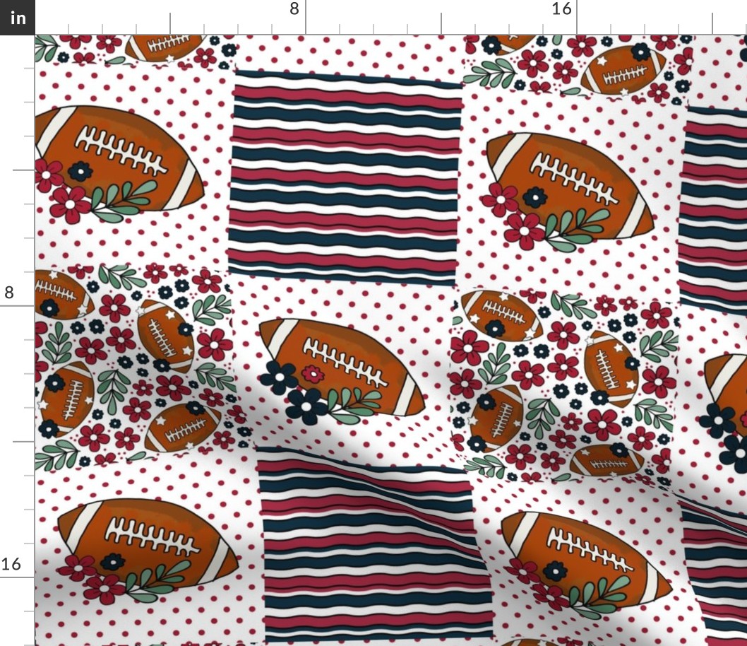 Bigger Patchwork 6" Squares Team Spirit Football in Houston Texans Deep Steel Navy Blue and Battle Red for Cheater Quilt or Blanket