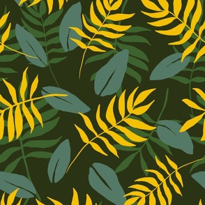 Tropical Leaves in Golden Yellow, Green, and Soft Teal on Dark Green