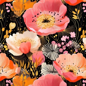 Pink & Orange Flowers on Black - large