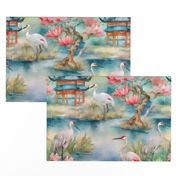 Cranes in chinoiserie garden