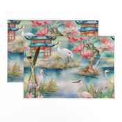 Cranes in chinoiserie garden