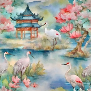 Cranes in chinoiserie garden