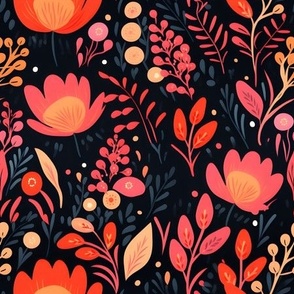 Pink & Orange Flowers on Black - medium
