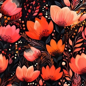 Pink & Orange Flowers on Black - medium