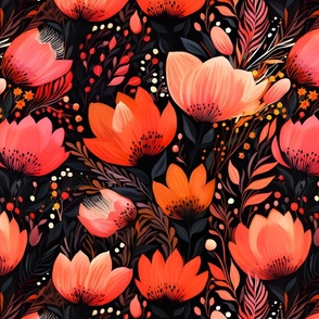 Pink & Orange Flowers on Black - large