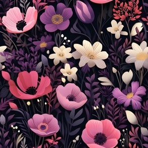Pink, Purple & Ivory Floral on Black - medium