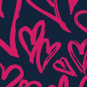 Heart Sketched Large Whimsical Valentine Hearts Fabric in Navy Blue and Bright Pink