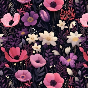 Pink, Purple & Ivory Floral on Black - large