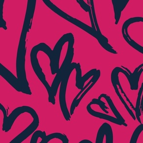 Heart Sketched Large Whimsical Valentine Hearts Fabric in Bright Pink and Navy Blue