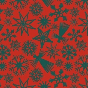 6” rpt-Swedish Stars forest green on a crimson red background. Additional sizes and colors available. 