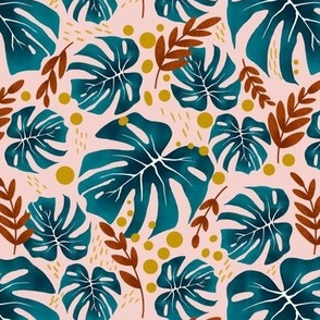 Boho Tropical Monstera Leaves and Dots - Pink Small