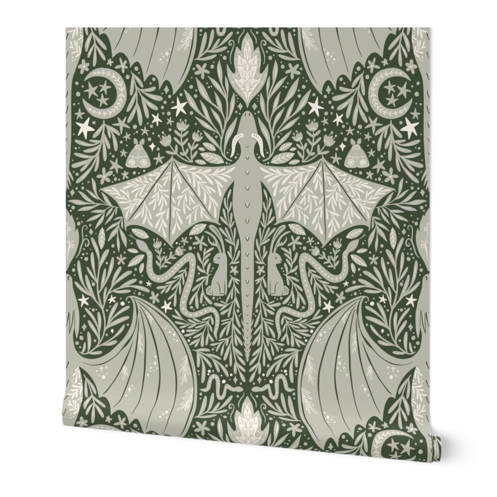 Maximalist Folk Dragons and Enchanted Forest Friends - Green Dark 1 - large