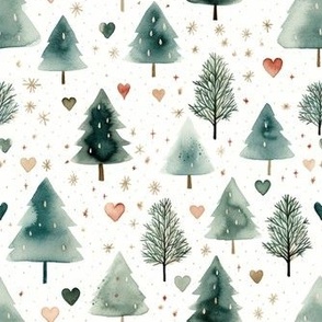 Watercolor Christmas Tree Scene, Winter Trees