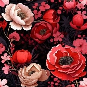 Red & Ivory Flowers on Black - medium