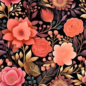 Pink & Orange Floral on Black - large
