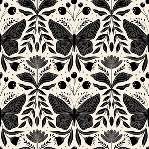 Whimsical Butterfly Flower Garden in Black and Off White