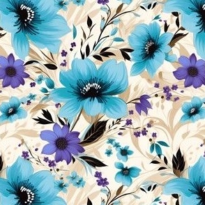 Blue & Purple Flowers on Cream - medium