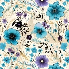 Blue & Purple Floral on Cream - medium