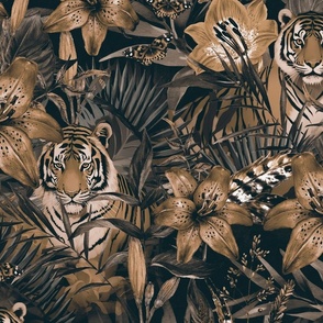 Jungle Opulence: Exotic Floral And Tiger Moody Brown Large Scale
