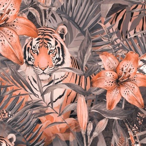 Jungle Opulence: Exotic Floral And Tiger Peach Apricot Large Scale