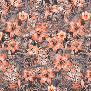 Jungle Opulence: Exotic Floral And Tiger Peach Apricot Medium Scale