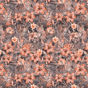 Jungle Opulence: Exotic Floral And Tiger Peach Apricot Smaller Scale