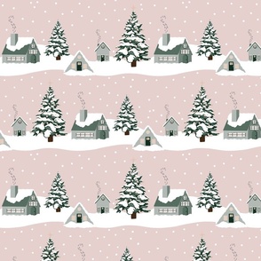 Pink Snowy Christmas village with Christmas trees (Medium 10x10)
