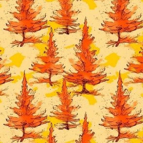 christmas fir trees in orange red and gold inspired by toulouse lautrec