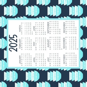 2025 Calendar Tea Towel Vintage Dishes Midcentury Amish Folk Art White and Aqua Blue Farmers Corn Butterprint on Navy