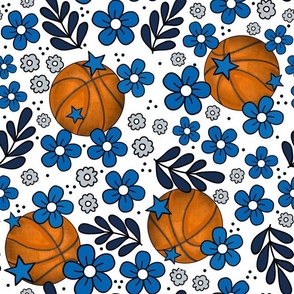 Large Scale Team Spirit Basketball Floral in Dallas Mavericks Blue Silver Grey and Navy