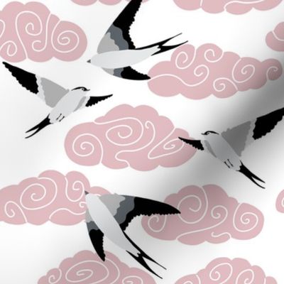 flying swallows / bird in a sky with clouds - pink on white - small scale