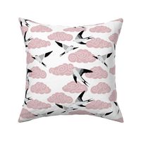 flying swallows / bird in a sky with clouds - pink on white - small scale