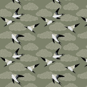 flying swallows / bird in a sky with clouds - sage green on darker - small scale