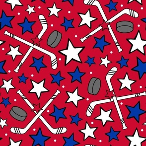 Large Scale Team Spirit NHL Hockey Sticks Pucks and Stars in New York Rangers Red and Blue