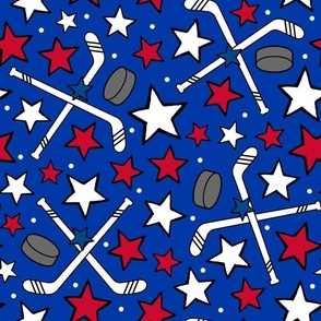 Large Scale Team Spirit NHL Hockey Sticks Pucks and Stars in New York Rangers Blue and Red