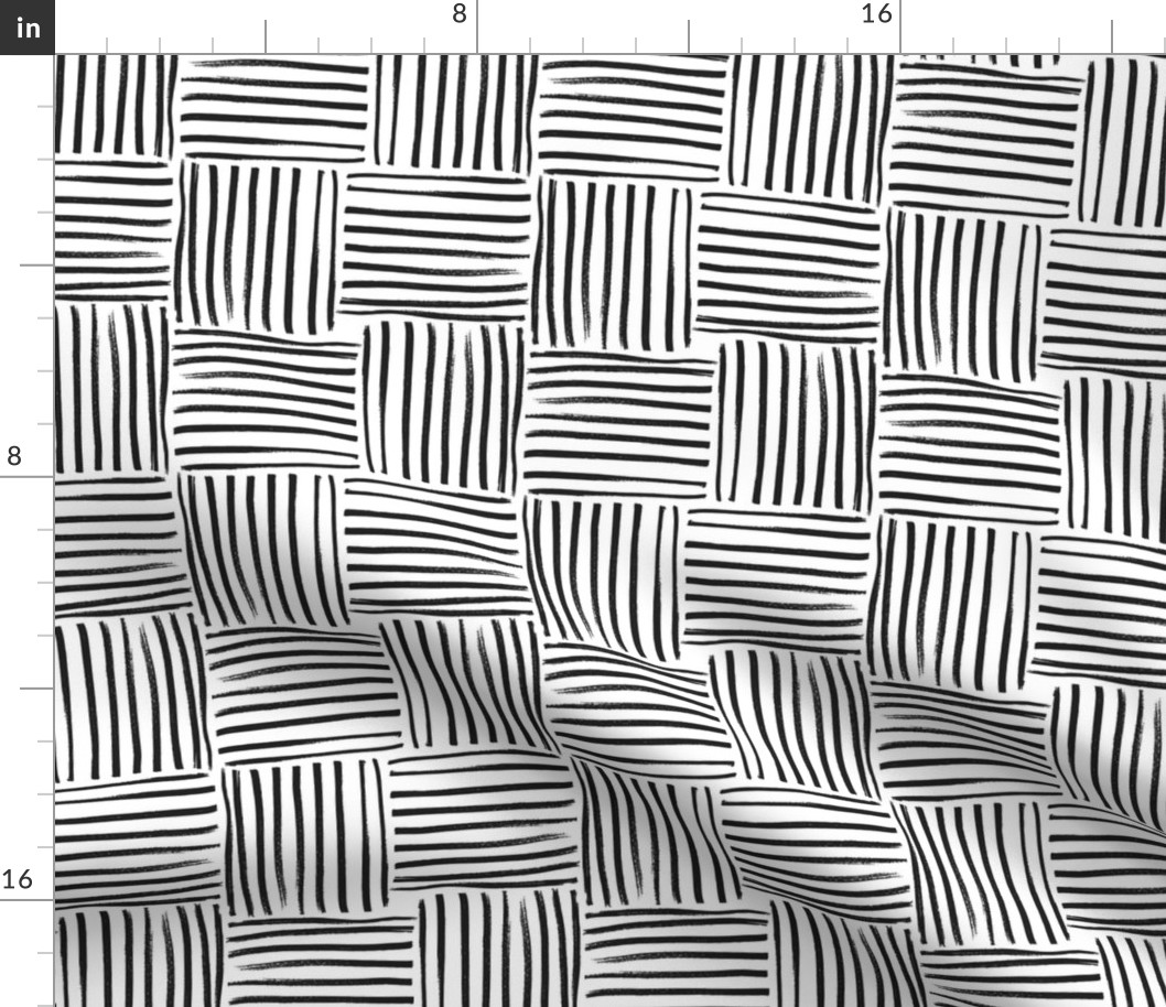 Large scale hand drawn geometric weave stripe block in black and white. 