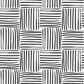 Small scale hand drawn geometric weave stripe block in black and white. 