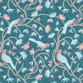 Birds on vines in deep teal and coral (m)